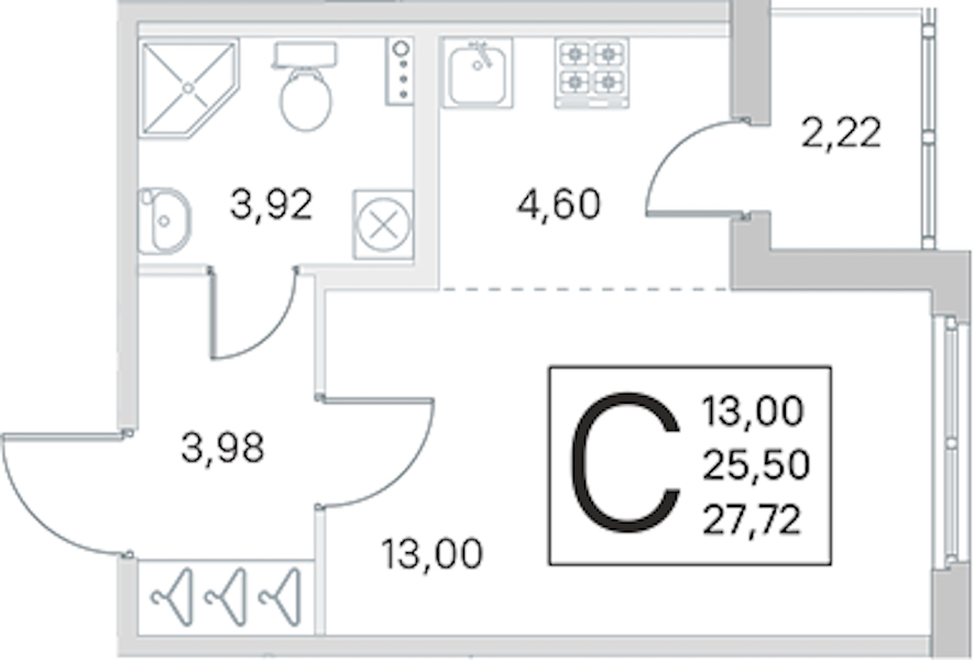 Квартира студия 25.5 м², 1/4 эт., ЖК «Любоград в Стрельне»